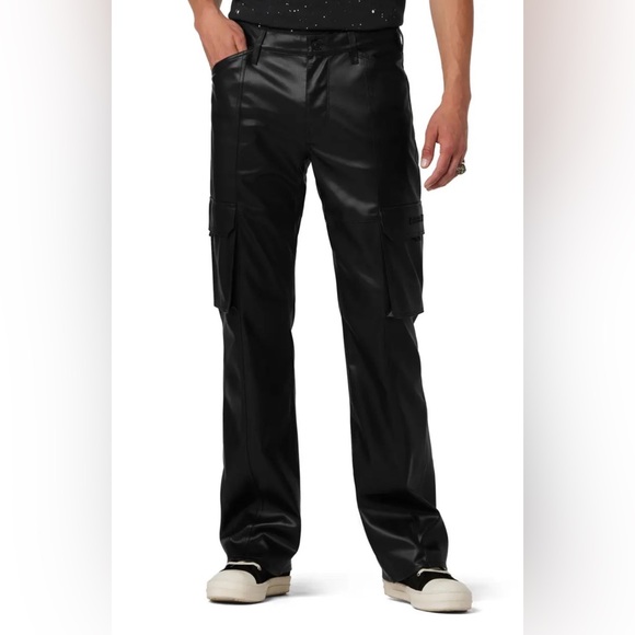 Men's Hudson Faux Leather Black Walker Kick Flare Cargo Pants New Size 30